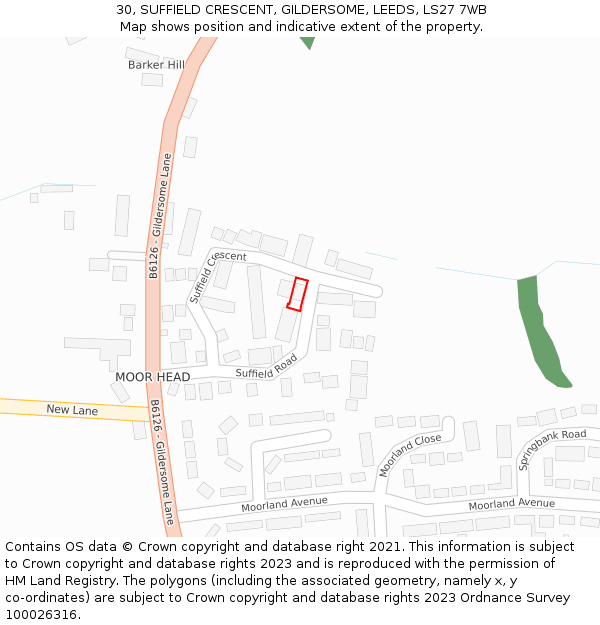 30, SUFFIELD CRESCENT, GILDERSOME, LEEDS, LS27 7WB: Location map and indicative extent of plot