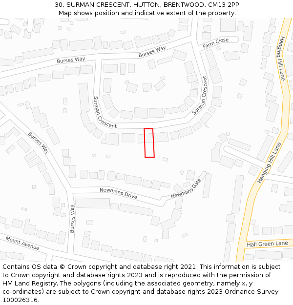 30, SURMAN CRESCENT, HUTTON, BRENTWOOD, CM13 2PP: Location map and indicative extent of plot