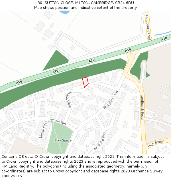 30, SUTTON CLOSE, MILTON, CAMBRIDGE, CB24 6DU: Location map and indicative extent of plot