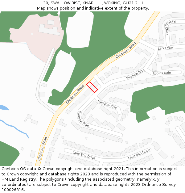 30, SWALLOW RISE, KNAPHILL, WOKING, GU21 2LH: Location map and indicative extent of plot