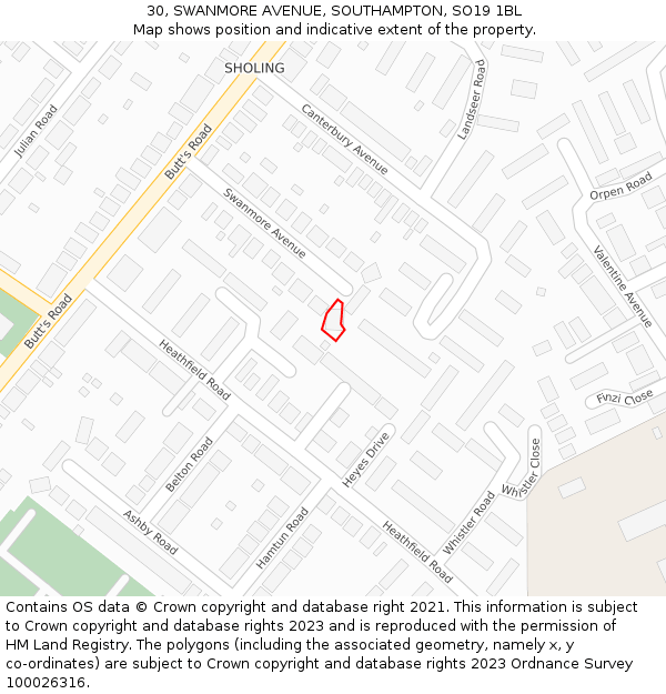 30, SWANMORE AVENUE, SOUTHAMPTON, SO19 1BL: Location map and indicative extent of plot