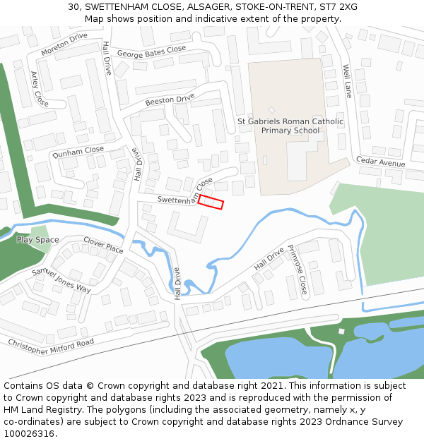 30, SWETTENHAM CLOSE, ALSAGER, STOKE-ON-TRENT, ST7 2XG: Location map and indicative extent of plot