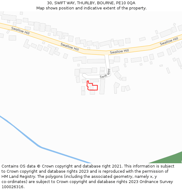 30, SWIFT WAY, THURLBY, BOURNE, PE10 0QA: Location map and indicative extent of plot