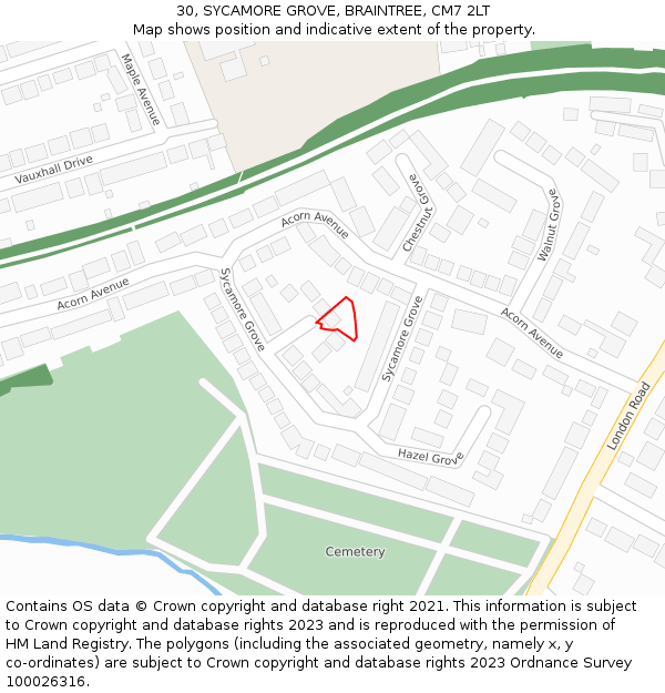 30, SYCAMORE GROVE, BRAINTREE, CM7 2LT: Location map and indicative extent of plot
