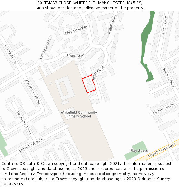30, TAMAR CLOSE, WHITEFIELD, MANCHESTER, M45 8SJ: Location map and indicative extent of plot
