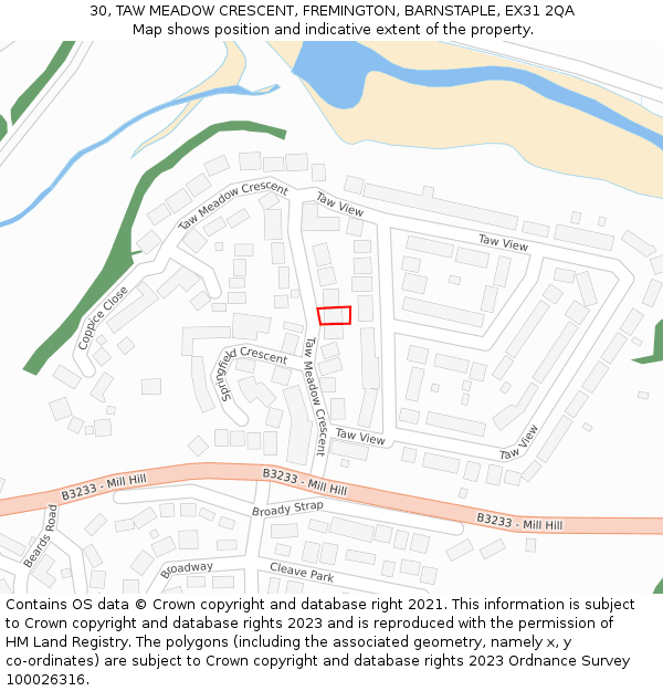 30, TAW MEADOW CRESCENT, FREMINGTON, BARNSTAPLE, EX31 2QA: Location map and indicative extent of plot