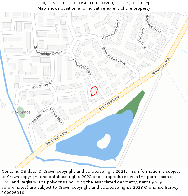 30, TEMPLEBELL CLOSE, LITTLEOVER, DERBY, DE23 3YJ: Location map and indicative extent of plot