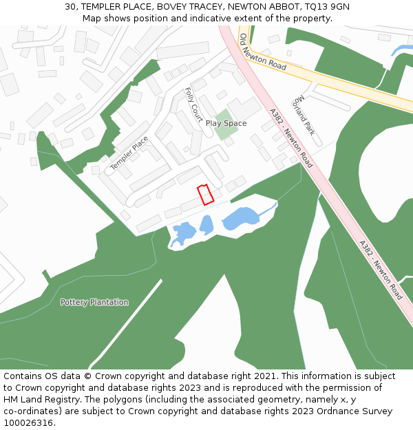 30, TEMPLER PLACE, BOVEY TRACEY, NEWTON ABBOT, TQ13 9GN: Location map and indicative extent of plot