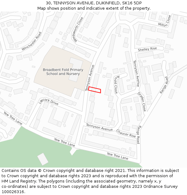 30, TENNYSON AVENUE, DUKINFIELD, SK16 5DP: Location map and indicative extent of plot