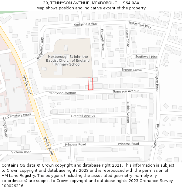 30, TENNYSON AVENUE, MEXBOROUGH, S64 0AX: Location map and indicative extent of plot