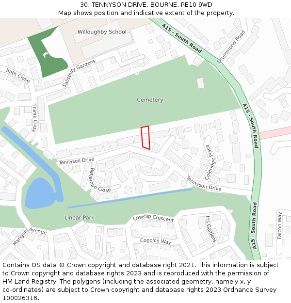 30, TENNYSON DRIVE, BOURNE, PE10 9WD: Location map and indicative extent of plot