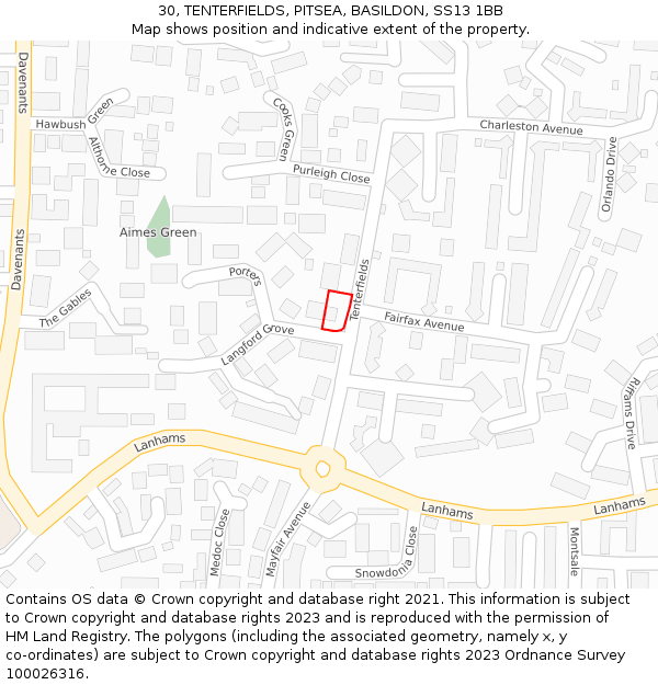 30, TENTERFIELDS, PITSEA, BASILDON, SS13 1BB: Location map and indicative extent of plot