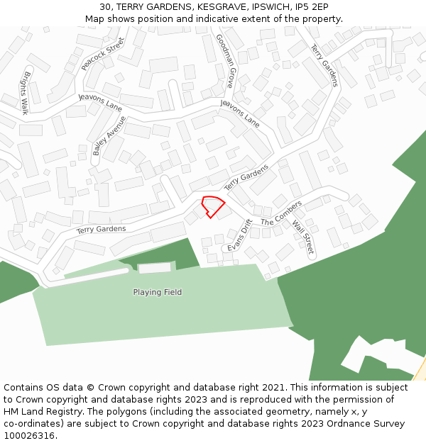 30, TERRY GARDENS, KESGRAVE, IPSWICH, IP5 2EP: Location map and indicative extent of plot