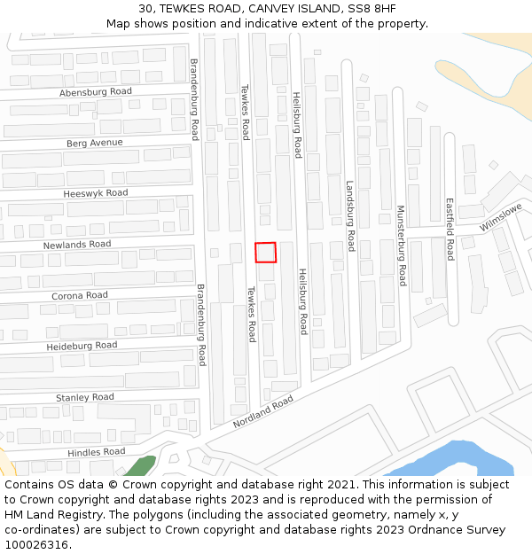 30, TEWKES ROAD, CANVEY ISLAND, SS8 8HF: Location map and indicative extent of plot