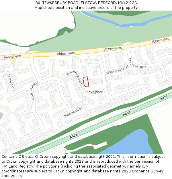 30, TEWKESBURY ROAD, ELSTOW, BEDFORD, MK42 9GD: Location map and indicative extent of plot