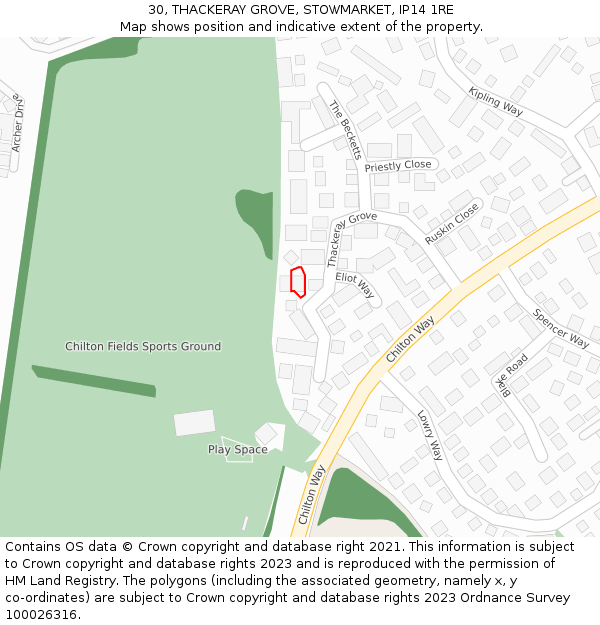 30, THACKERAY GROVE, STOWMARKET, IP14 1RE: Location map and indicative extent of plot