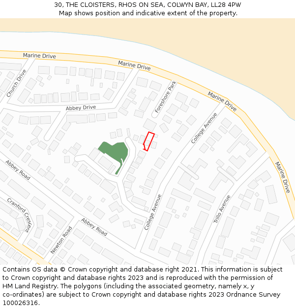 30, THE CLOISTERS, RHOS ON SEA, COLWYN BAY, LL28 4PW: Location map and indicative extent of plot