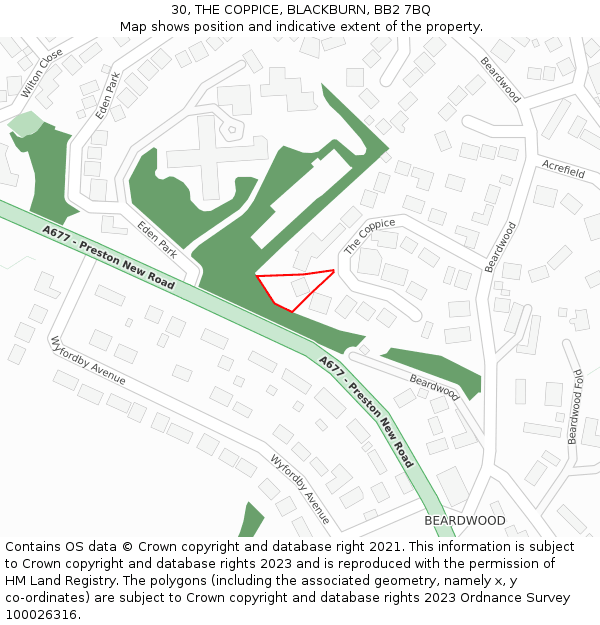 30, THE COPPICE, BLACKBURN, BB2 7BQ: Location map and indicative extent of plot