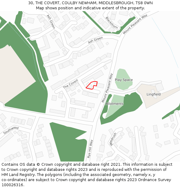 30, THE COVERT, COULBY NEWHAM, MIDDLESBROUGH, TS8 0WN: Location map and indicative extent of plot