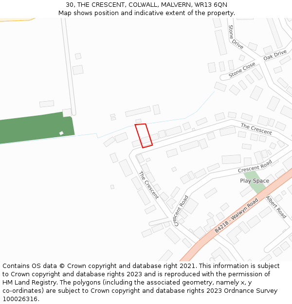 30, THE CRESCENT, COLWALL, MALVERN, WR13 6QN: Location map and indicative extent of plot