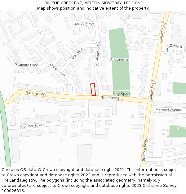 30, THE CRESCENT, MELTON MOWBRAY, LE13 0NF: Location map and indicative extent of plot