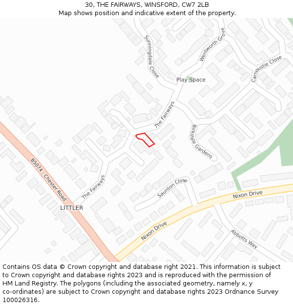 30, THE FAIRWAYS, WINSFORD, CW7 2LB: Location map and indicative extent of plot
