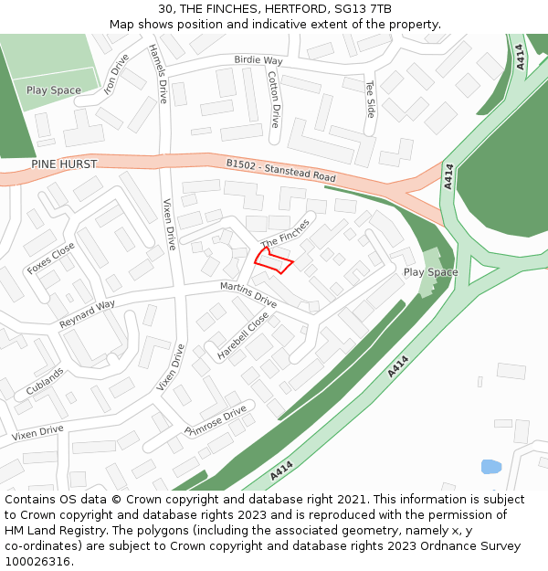 30, THE FINCHES, HERTFORD, SG13 7TB: Location map and indicative extent of plot