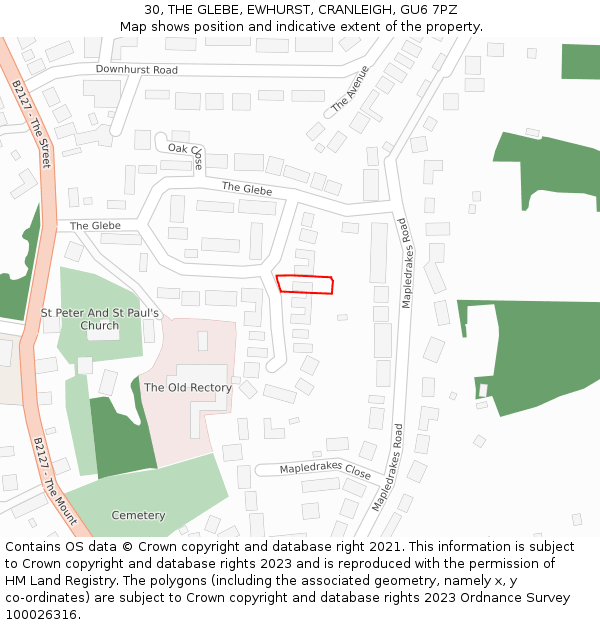 30, THE GLEBE, EWHURST, CRANLEIGH, GU6 7PZ: Location map and indicative extent of plot