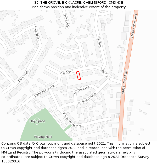 30, THE GROVE, BICKNACRE, CHELMSFORD, CM3 4XB: Location map and indicative extent of plot
