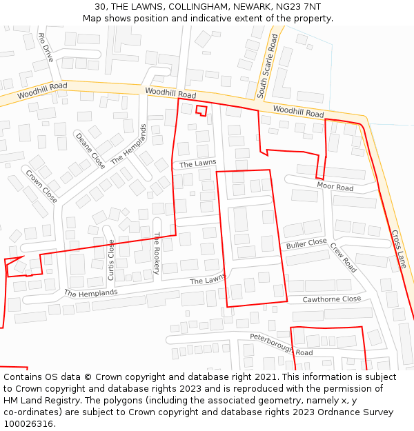 30, THE LAWNS, COLLINGHAM, NEWARK, NG23 7NT: Location map and indicative extent of plot