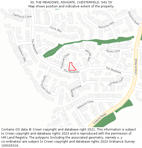 30, THE MEADOWS, ASHGATE, CHESTERFIELD, S42 7JY: Location map and indicative extent of plot