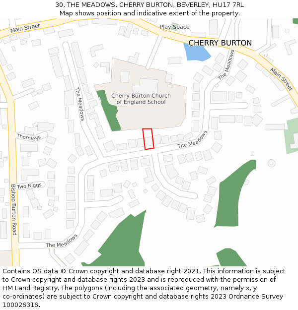 30, THE MEADOWS, CHERRY BURTON, BEVERLEY, HU17 7RL: Location map and indicative extent of plot