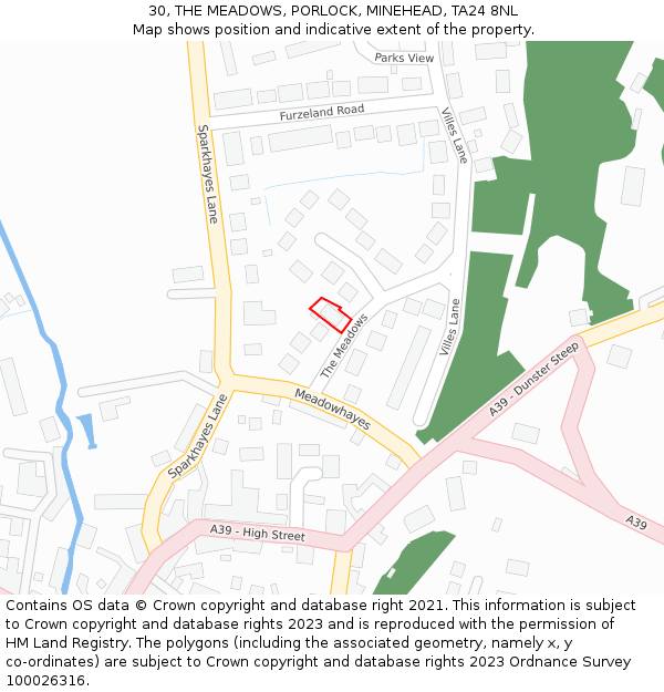 30, THE MEADOWS, PORLOCK, MINEHEAD, TA24 8NL: Location map and indicative extent of plot