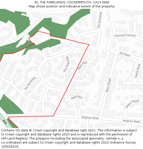 30, THE PARKLANDS, COCKERMOUTH, CA13 0WW: Location map and indicative extent of plot