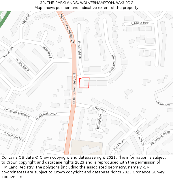30, THE PARKLANDS, WOLVERHAMPTON, WV3 9DG: Location map and indicative extent of plot