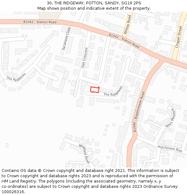 30, THE RIDGEWAY, POTTON, SANDY, SG19 2PS: Location map and indicative extent of plot