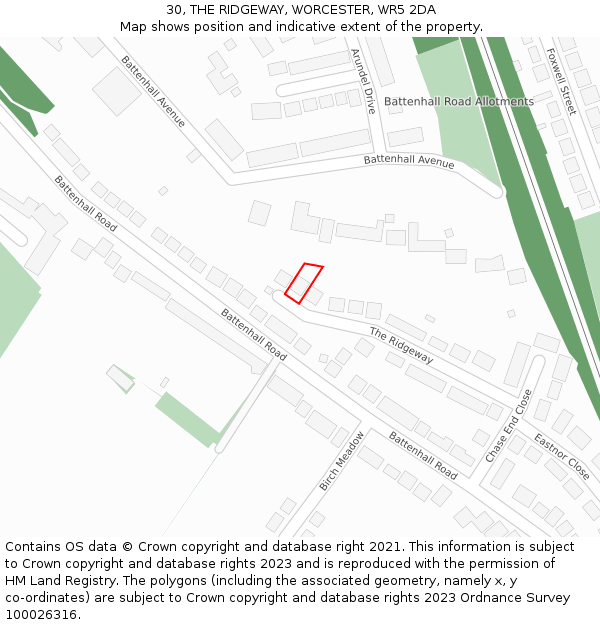 30, THE RIDGEWAY, WORCESTER, WR5 2DA: Location map and indicative extent of plot