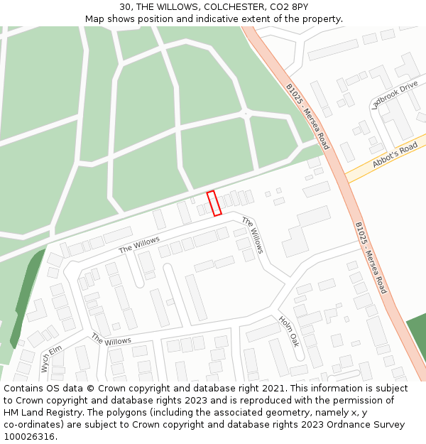 30, THE WILLOWS, COLCHESTER, CO2 8PY: Location map and indicative extent of plot