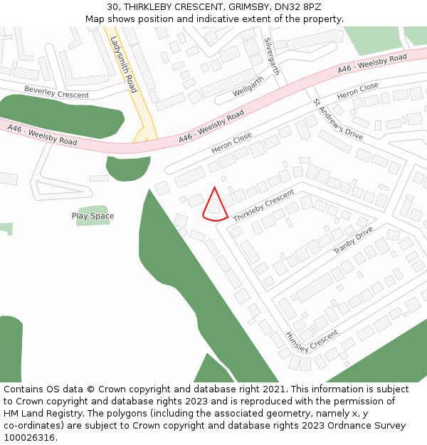 30, THIRKLEBY CRESCENT, GRIMSBY, DN32 8PZ: Location map and indicative extent of plot