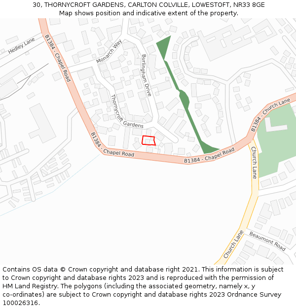 30, THORNYCROFT GARDENS, CARLTON COLVILLE, LOWESTOFT, NR33 8GE: Location map and indicative extent of plot