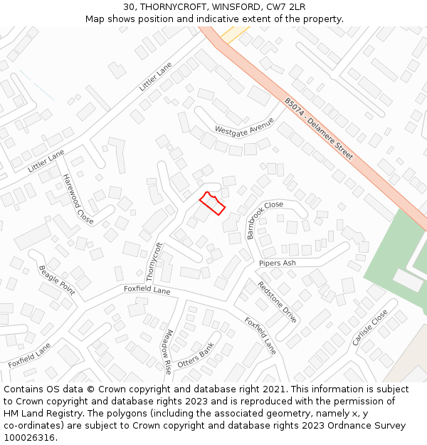 30, THORNYCROFT, WINSFORD, CW7 2LR: Location map and indicative extent of plot