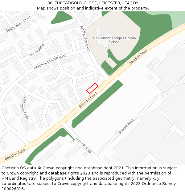 30, THREADGOLD CLOSE, LEICESTER, LE4 1BY: Location map and indicative extent of plot