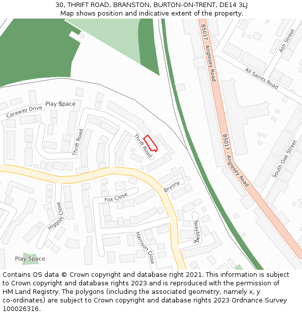 30, THRIFT ROAD, BRANSTON, BURTON-ON-TRENT, DE14 3LJ: Location map and indicative extent of plot