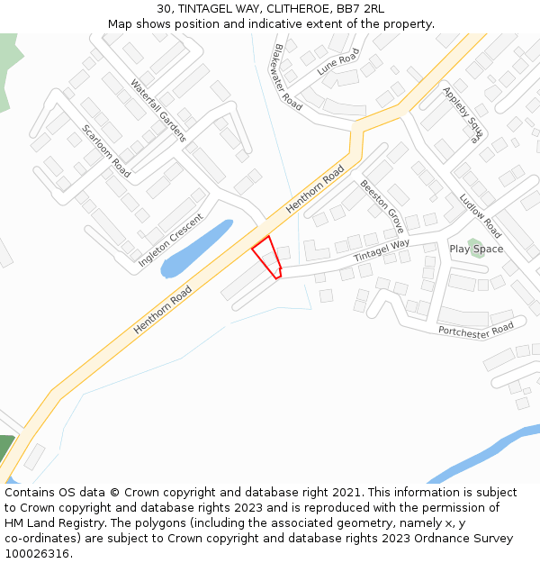 30, TINTAGEL WAY, CLITHEROE, BB7 2RL: Location map and indicative extent of plot