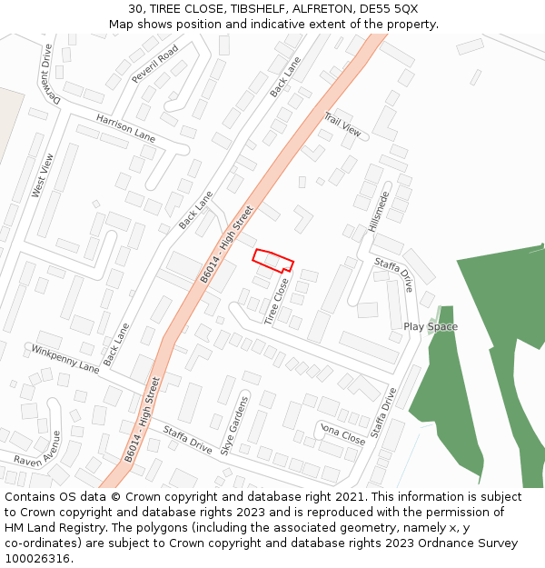 30, TIREE CLOSE, TIBSHELF, ALFRETON, DE55 5QX: Location map and indicative extent of plot