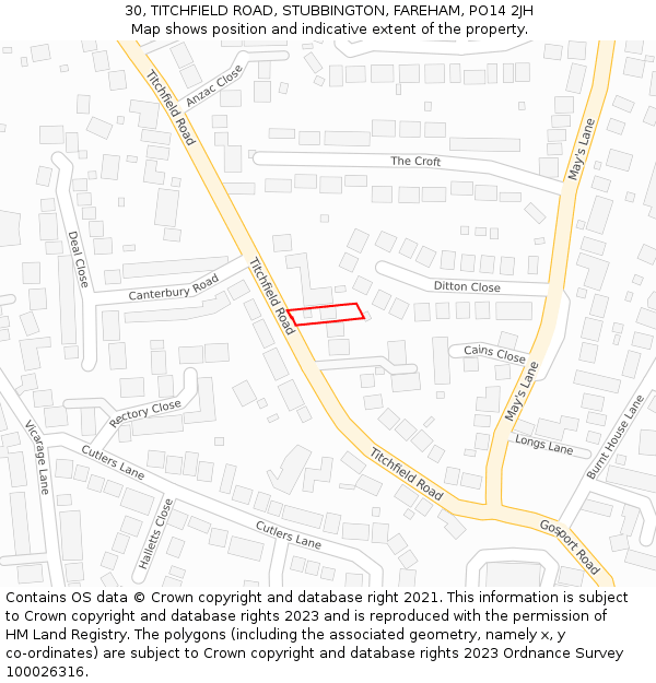 30, TITCHFIELD ROAD, STUBBINGTON, FAREHAM, PO14 2JH: Location map and indicative extent of plot