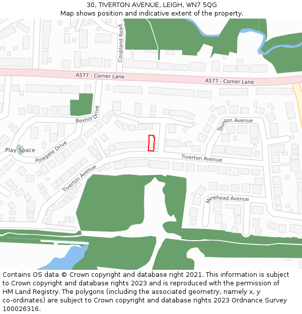 30, TIVERTON AVENUE, LEIGH, WN7 5QG: Location map and indicative extent of plot