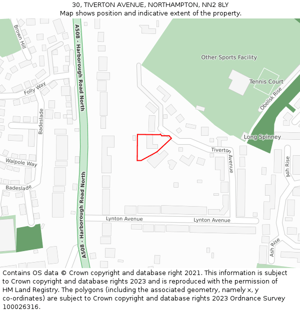 30, TIVERTON AVENUE, NORTHAMPTON, NN2 8LY: Location map and indicative extent of plot