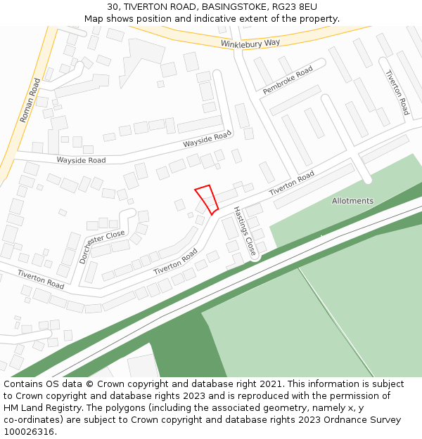 30, TIVERTON ROAD, BASINGSTOKE, RG23 8EU: Location map and indicative extent of plot