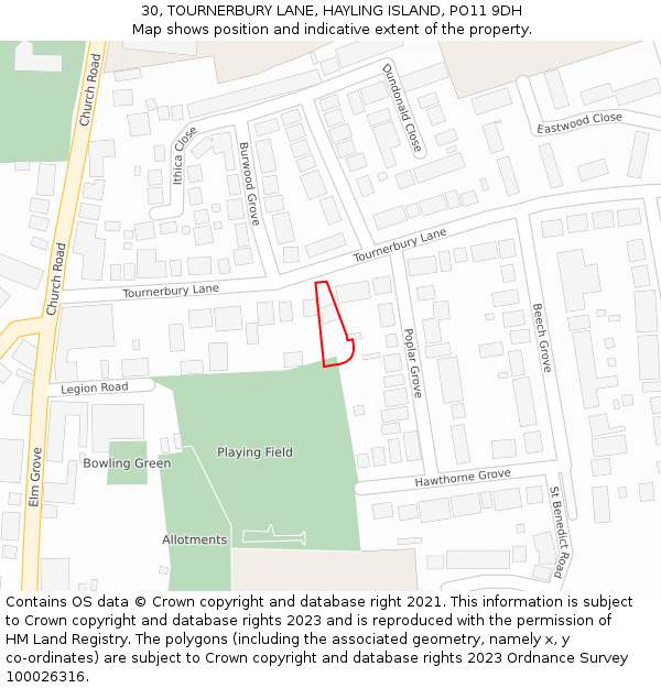 30, TOURNERBURY LANE, HAYLING ISLAND, PO11 9DH: Location map and indicative extent of plot